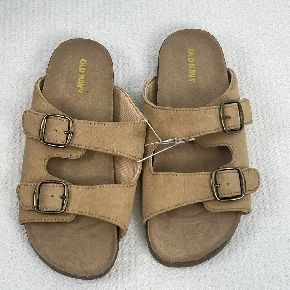 Old Navy Unisex Youth 4 Tan Double Buckle Slide Sandals NWT Earth Footbed